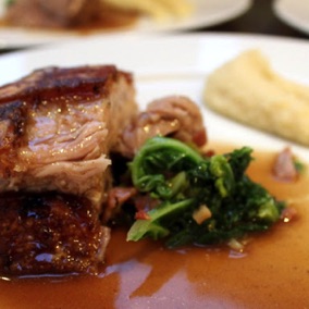 Pork belly with kale and apple gravy